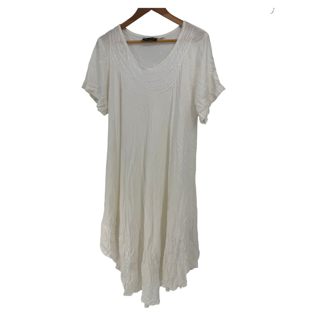 Mamta‎ White Vintage Indie Rayon Embroidered Sharkbite Hem Midi Dress 90's Retro